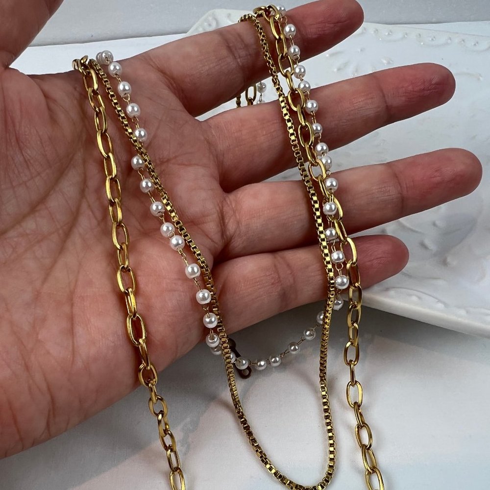 3 Layer Pearl Necklace Three Layer Pearl Necklace Gold Layered Chain Necklace - Picture 3 of 13